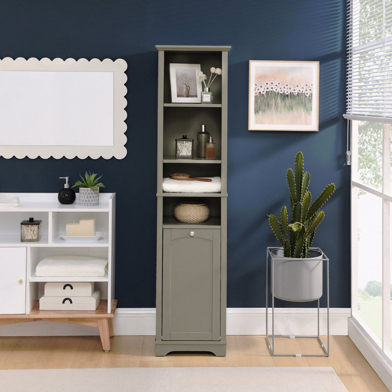 Armoire de rangement de salle de bain de 64 po de hauteur avec tablettes réglables de 64 po de hauteur, 4 compartiments et panier à linge