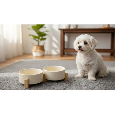Beige Ceramic Cat And Dog Double Bowl Set With Wooden Frame, Modern And Cute Design, Weighted To Prevent Tipping, 1.7 Cup Capacity, Suitable For Small To Medium-Sized Dogs And Cats.