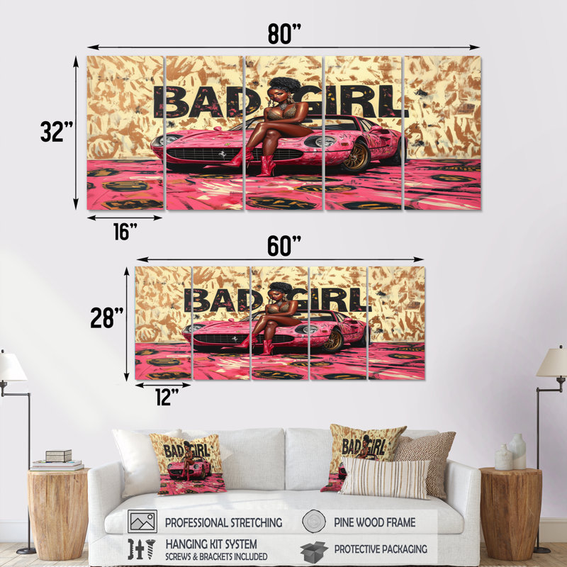 Bad Girl On Exotic Car - Fashion Girl Power Wall Decor, ensemble, H 32 po x l 80 po