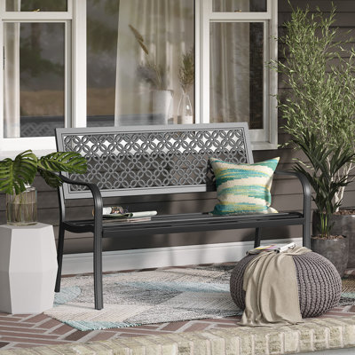 Roselynne Outdoor Steel Garden Bench with Carved Floral Back