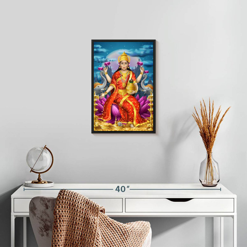 Déesse de la richesse Lakshmi, 13 po x 19 po, Cadre flottant noir