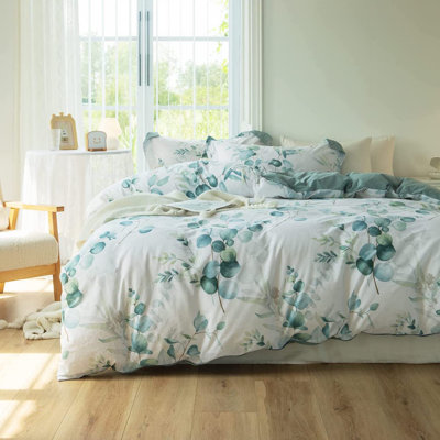 Schexnayder 100% Washed Cotton Duvet Cover Set – Linen-Like, Sage Green Leaf Print, Breathable with Zipper Closure