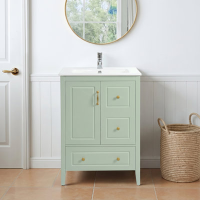 24" Bathroom Vanity with Integrated Ceramic Sink, 3 Drawers & Cabinet Storage, Solid Wood Frame, Soft-Close Hardware, Sage Green Finish