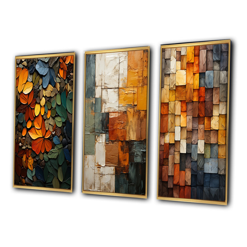 «Hardedge Art Earthy Euphony II», 3 pièces sur toile, Encadrement doré, H 20 po x l 36 po