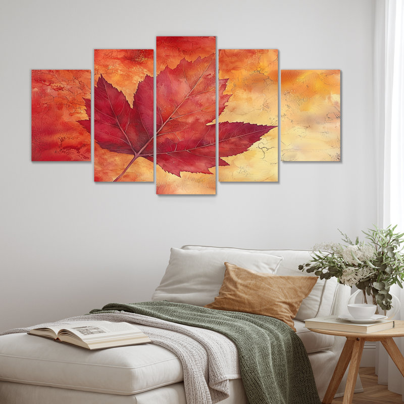 Automne, coucher de soleil et feuille d'érable I - coucher de soleil - art mural traditionnel pour salon en diamant
