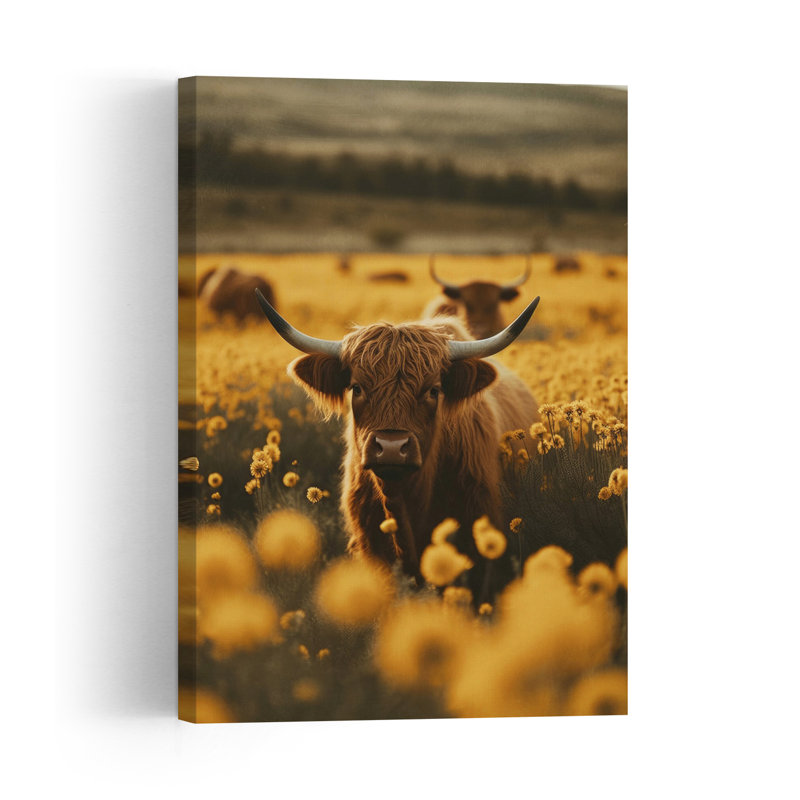 Golden Field Gaze Peaceful Rustic Serene Cow Sunflower Landscape Nature Wall Art Print 1 Piece Wrapped Canvas Wall Art