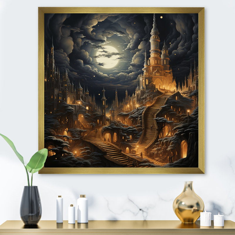 «Islam Moonlight Ascendant Minaret» sur toile, Cadre doré simple, H 30 po x l 30 po x P 1 po