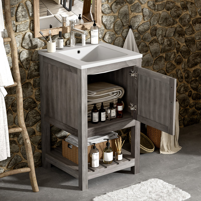  Vanity with Ceramic Sink, Bathroom Cabinet with 1 Door and Open Shelf, Compact Storage for Small Space
