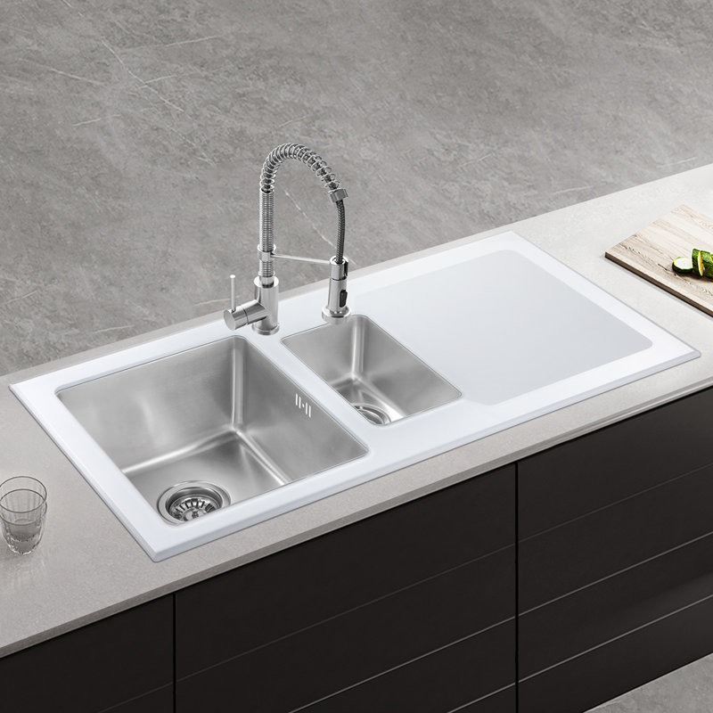 Ebern Designs Marquay 500mm W Double Bowl Stainless Steel Drop-In Kitchen Sink with 1 Faucet Hole, White