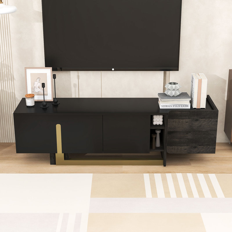 Meuble télé luxueux et moderne avec rangement spacieux, fabrication en panneau de fibres à densité moyenne durable, Noir
