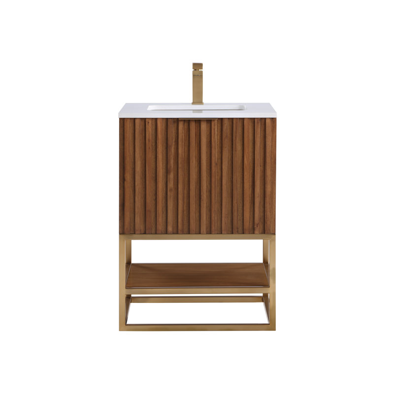 Terra 24'' Single Bathroom Vanity with Top, White Quartz/Single Faucet Mount, Satin Brass