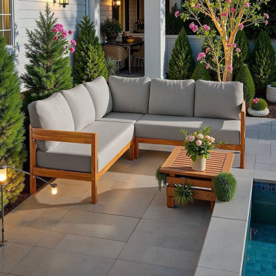 Ensemble de canapé de patio en L en bois d'acacia avec coussins épais pour l'extérieur