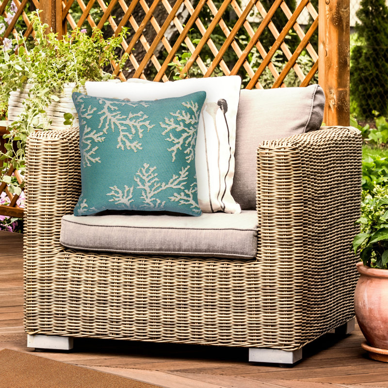 Marina Coral Edge Indoor/Outdoor Square Throw Cushion, Aqua/Ivory