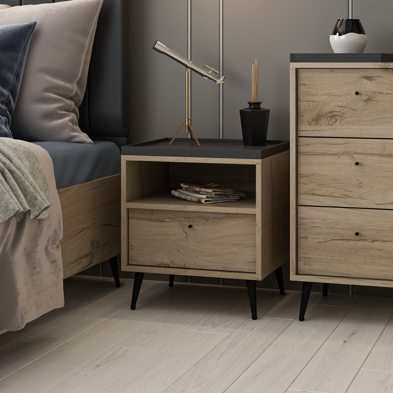 Wesa Stylish Nightstand, Walnut Finish, 19.7 x 22.4 x 17.7 inches | 100% Melamine Coated Particle Board, Thickness: 0.7 inches | Perfect for Bedrooms, Durable and Elegant Design for Modern Living Spaces