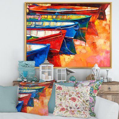 Bateaux dans le port pendant un coucher de soleil chaud II - peinture sur toile