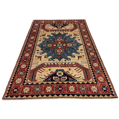 Tapis ivoire / rouge en laine Tribal One-of-a-Kind 5 pi 1 po x 7 pi 5 po Tribal