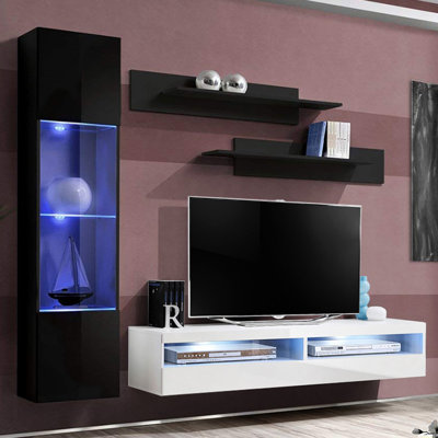 Lovelace 85" Modern Floating Wall Mounted Entertainment Center with 16-Color LED Lighting, High Gloss Finish