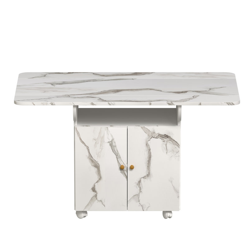 47" Wood Folding Dining Table with storage rack and cabinet, Removable Entryway Table with 6 Wheels, White Marble Color Kitchen Island, Side Table and Coffee Table Versatile Table Space Saving
