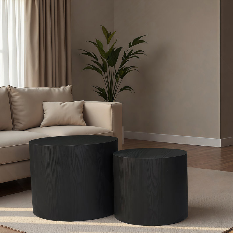 Ensemble de 2 tables basses gigognes, table basse ronde moderne avec pieds antidérapants, table d'appoint en bois pour salon, chambre à coucher, bureau, balcon, terrasse, petit espace, sans assemblage, noir mat