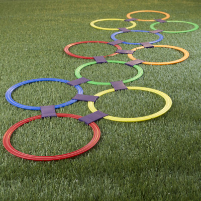 Hopscotch Rings Game - Ten 11-Inch Plastic Rings and 15 Connectors for Indoor and Outdoor Use - Play Set