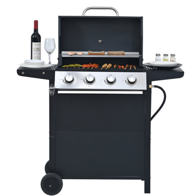 Barbecue au propane à 4 brûleurs en acier inoxydable, 34 000, avec deux tablettes et des roues maniables pour la cuisson dans la cour, barbecue, couvercle en acier, tablettes, espace extérieur mobile