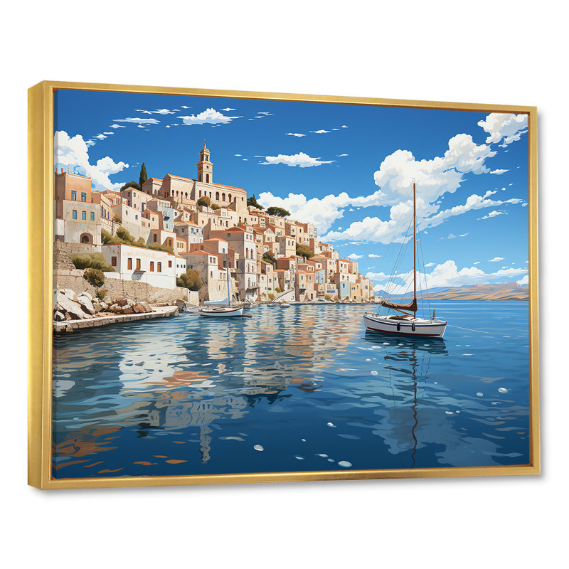 «Syros Serenityscape III - Port Landscape Coastal», art mural, Cadre flottant doré, H 34 po x l 44 po x P 1,5 po