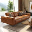 Canapé-lit modulable droit en cuir véritable orange avec coussins-665303856
