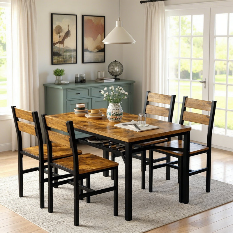 5-Piece Dining Table Set For 4 With Storage Rack, Farmhouse Wood Kitchen Table & Chairs Set With Metal Frame, Dining Room Table With 4 Curved Chairs For Breakfast Nook, Apartment