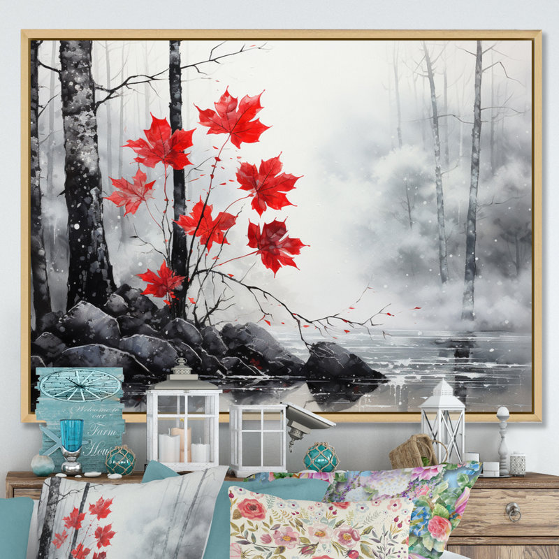 Bianchina, forêt monochrome rouge minimaliste II - forêt, art mural, Cadre naturel flottant, H 30 po x l 40 po x P 1,5 po