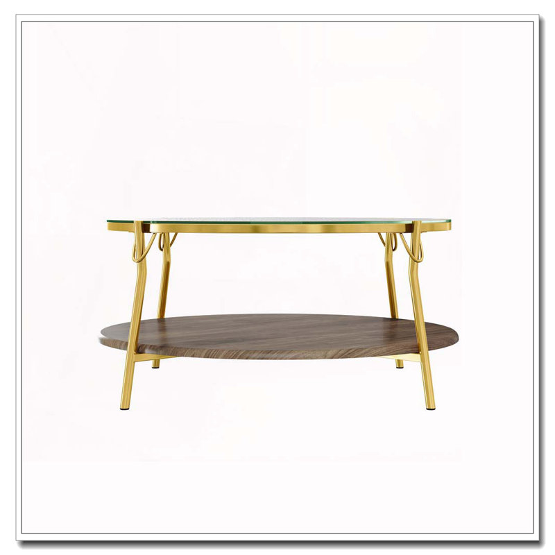 Table basse ronde en noyer à 2 niveaux avec plateau en verre et base dorée pour le salon