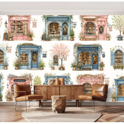 Murale peler et coller rétro façades de libraires décorations florales couleurs pastel grand papier peint auto-adhésif amovible contact mural pour le salon chambre à coucher chambre de bébé H 69 po x l 96 po