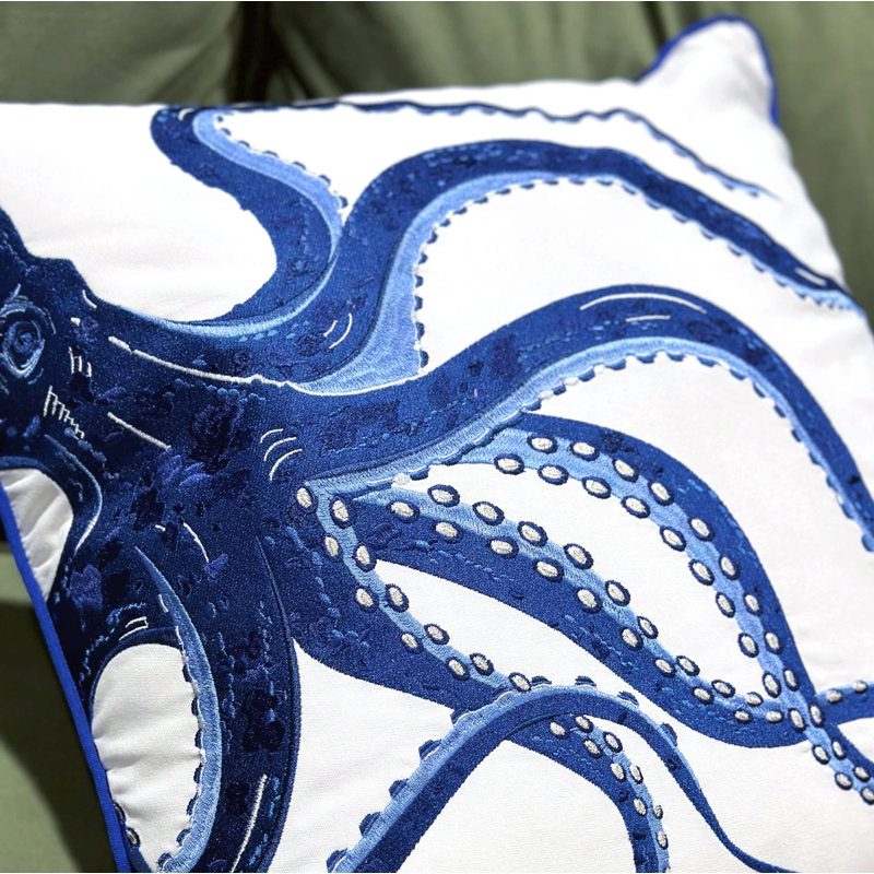 Blue and White Cotton Embroidered Octopus Throw Pillow