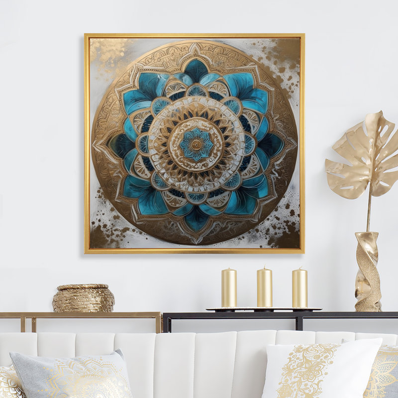 Mandala bleu et or III sur toile, H 30 po x l 30 po x P 1 po, Cadre flottant doré