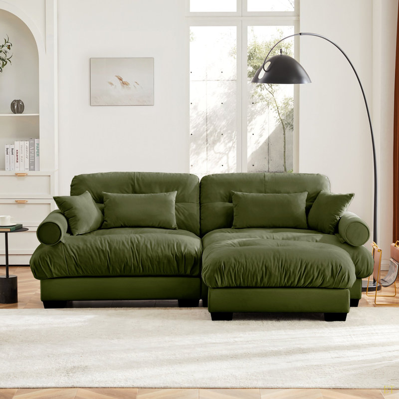 Canapé deux places surdimensionné moderne avec repose-pieds, fauteuil 2 places en velours avec accoudoirs à traversin rond, avec coussin de taille et coussins décoratifs, petit canapé en forme de L pour le salon, la salle de lecture