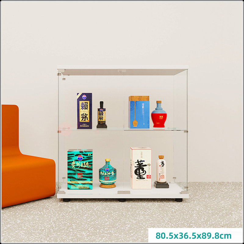 Two-door Glass Display Cabinet 2 Shelves with Door, Floor Standing Curio Bookshelf, White