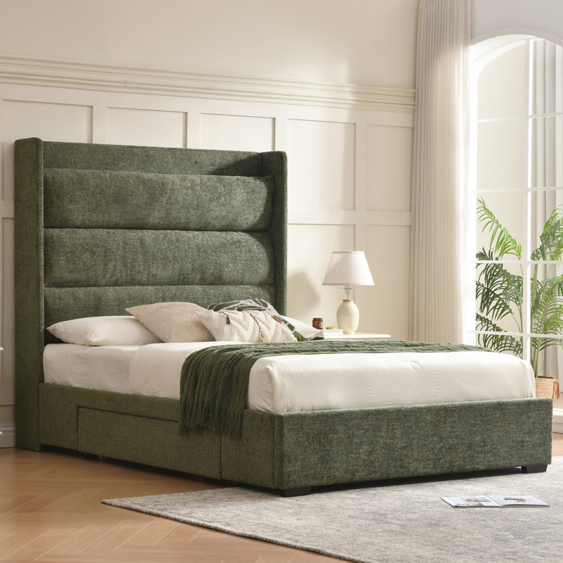 Upholstered Platform Storage Bed with a High Backrest and Two Large Solid Wood Drawers, Green, King