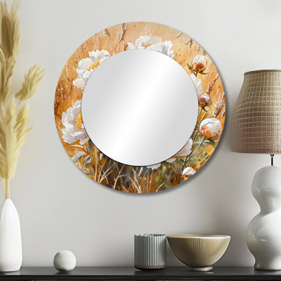 Pivoines dans un champ d'automne chaleureux I - miroir traditionnel pour décoration murale - imprimé sur métal