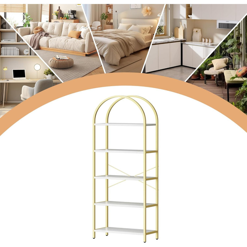 Ensemble de 2 tablettes arquées à 5 niveaux, structure en métal doré avec tablettes en bois blanc, bibliothèque moderne avec ensembles anti-basculement pour le bureau à domicile