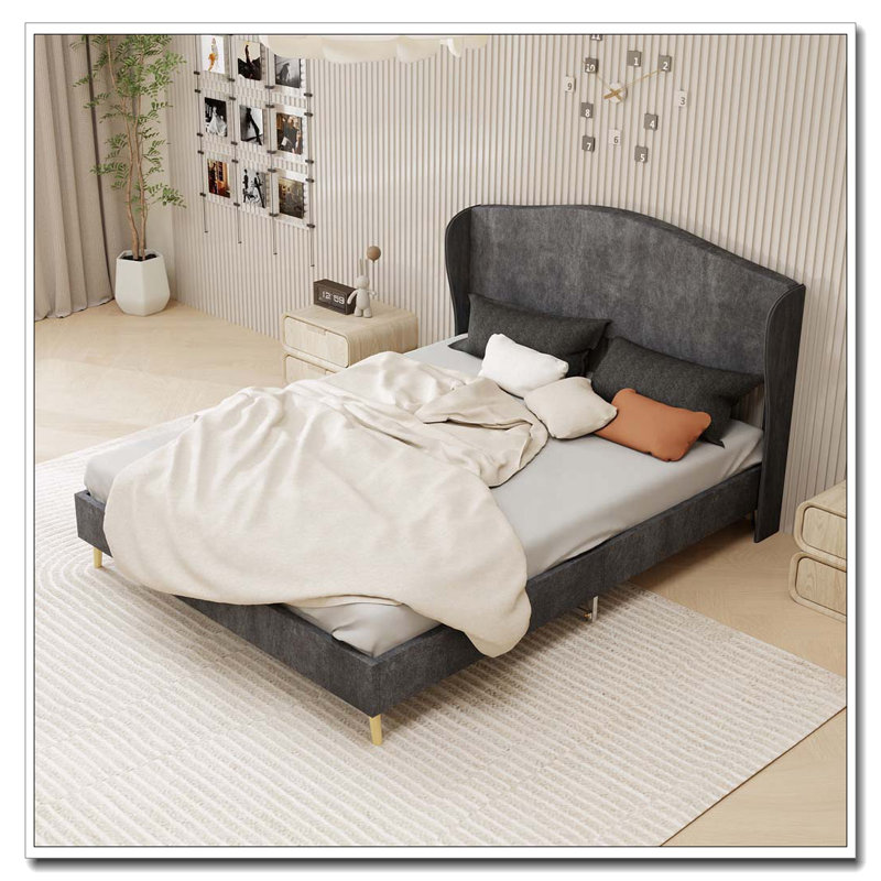 Lit tapissier en velours, Gris, Grand lit