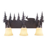 Homar 3-Light 24.75 inch Wide Burnished Bronze Rustic Cabin Bathroom Vanity Lighting Fixture, Amber Flake Glass Shade, Deer and Trees, Dimmable, LED Compatible, Over the Mirror Wall Mounted