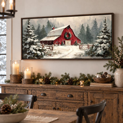 «Winter Snowy Landscape», art mural encadré, pin de grange rouge rustique, décoration de toile de Noël de campagne, œuvre encadrée sereine pour le couloir de la chambre à coucher, 24 po x 48 po