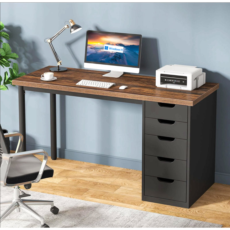 Bureau d'ordinateur 47 po avec 5 tiroirs et armoire réversible, bureau rustique brun et noir avec rangement, table d'écriture moderne pour petits espaces