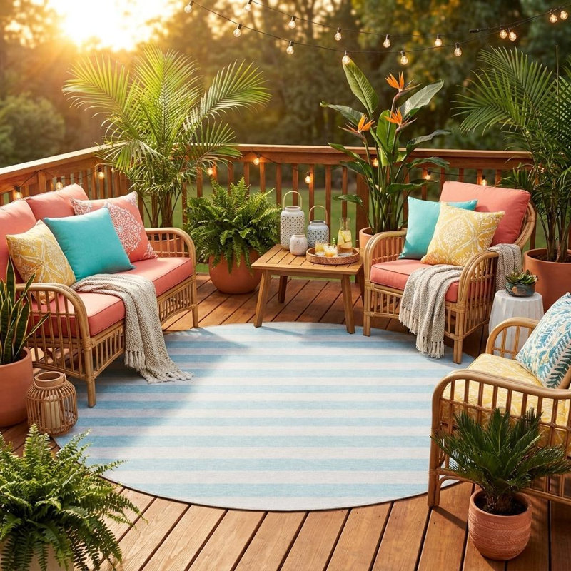 Tapis extérieur rond 8 po rayé lavable antidérapant bleu ciel