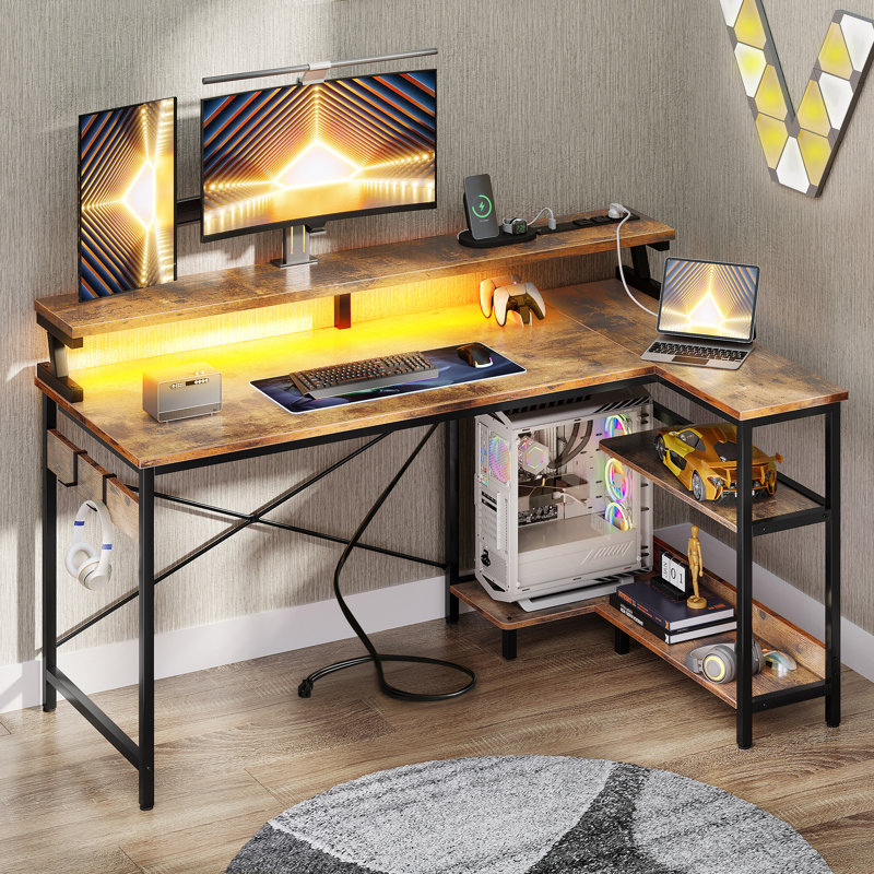 Gaming Desk With Led Strip, Computer Desk With Cpu Stand And Monitor Shelf,l-shaped Writing Desk With Versatile Iron Hooks And Ample Storage Space, Home Office Desk With Built-in Power Outlets