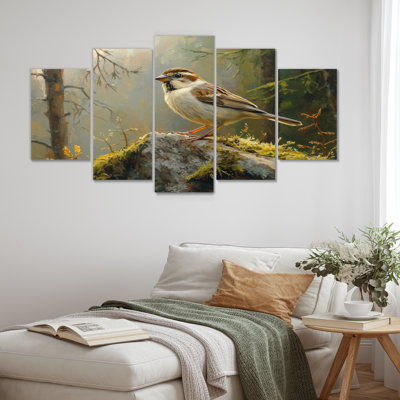 Oiseau moineau sur un rocher de forêt II - décoration murale oiseau - art mural moderne