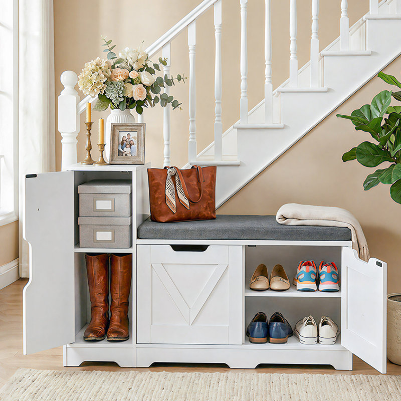 8 Pair Shoe Storage Bench, White/Grey