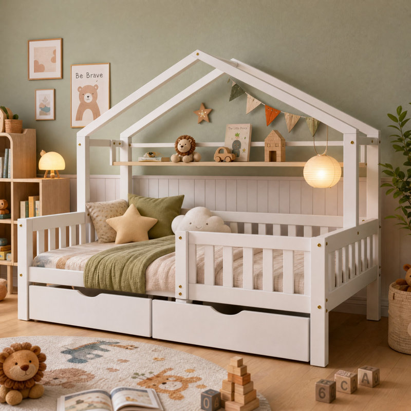 Cadre de lit double pour enfants avec tiroirs de rangement et garde-corps latéraux, Blanc, Lit double