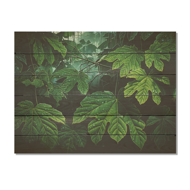 Emerald Canopy Rainforest Leaves - Leaves Wood Wall Art On Natural Pine Wood, 10" H x 20" W