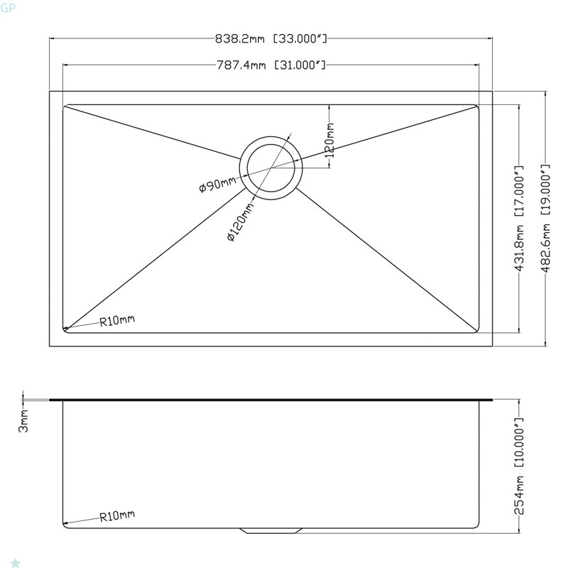 Évier de cuisine encastré simple 33 po x 19 po x 10 po en acier inoxydable noir de calibre 16 avec ensemble de bonde