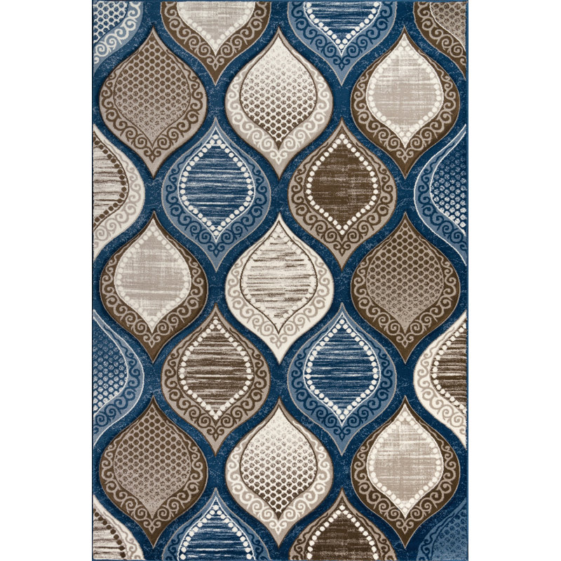 Tapis à motif de treillis abstrait bleu / brun Nipha, Rectangle 2 pi 1 po x 3 pi 3 po